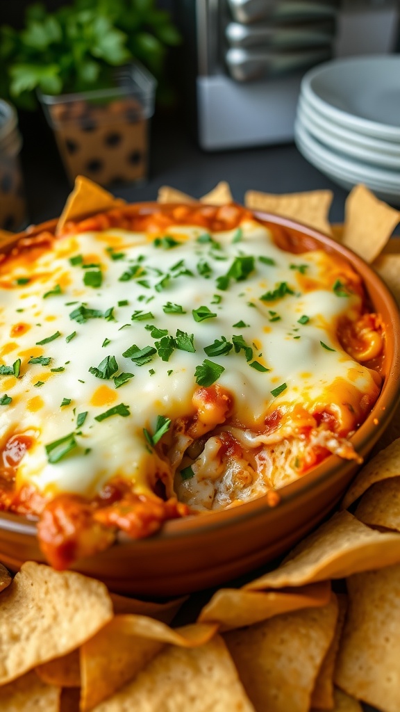 A bubbling cheesy lasagna dip topped with mozzarella, served with tortilla chips.